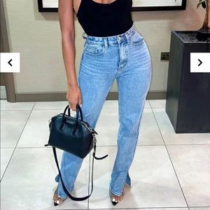 BLUE DENIM STRAIGHT LEG SIDE SPLIT JEANS - TASHI